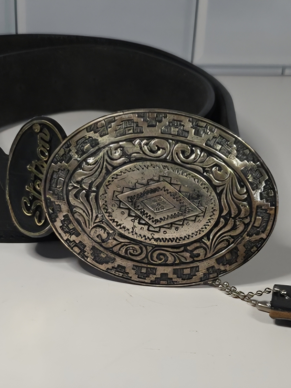 Stetson Stamped Oval Western Belt Buckle - Silver Accent